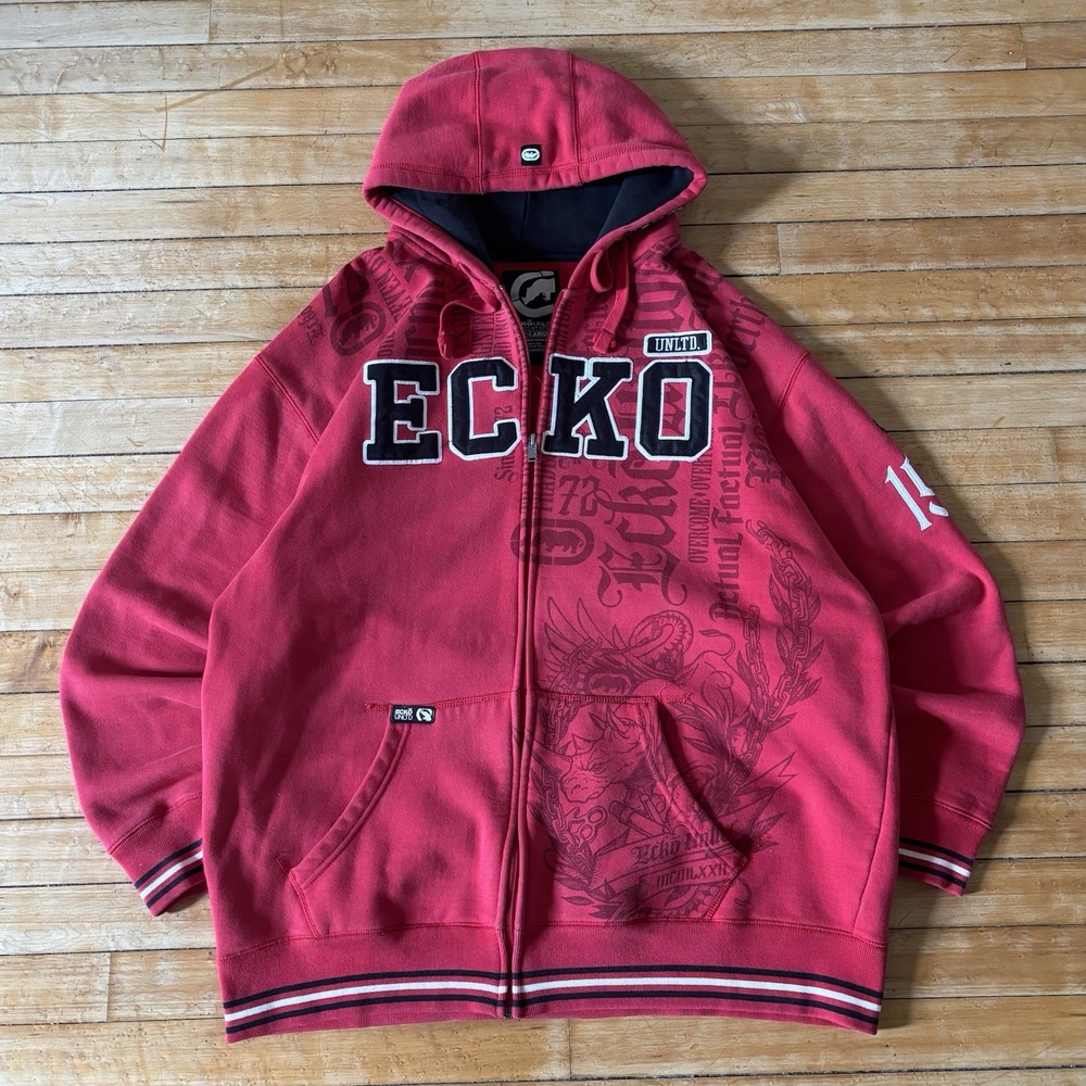 VTG Ecko Unltd AOP Full Zip Hoodie Sweatshirt Mens 2XL Embroidered Baggy Skater